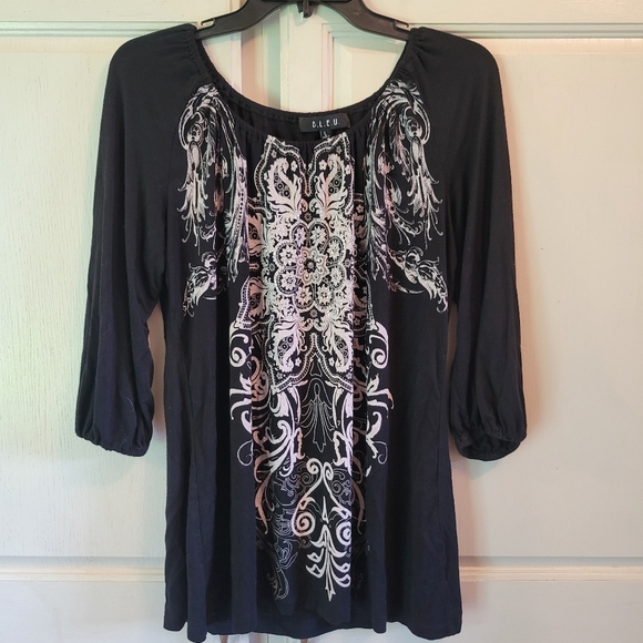 Y2K B.L.E.U. Black Off White Embellished 3/4 Sleeve Blouse Top - Picture 1 of 6